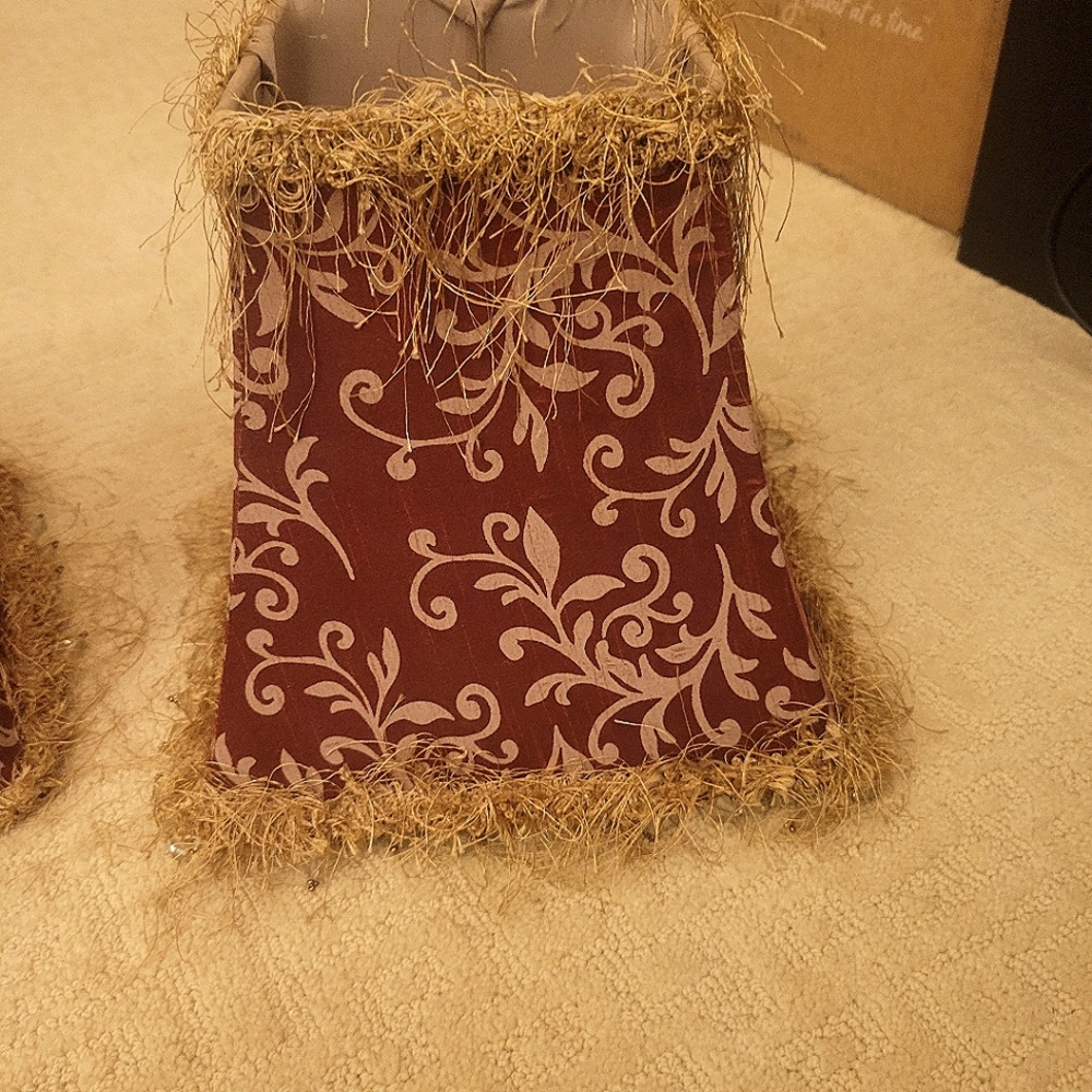 Lampshades Vintage Burgundy and Gold with fringed and jeweled bottoms.